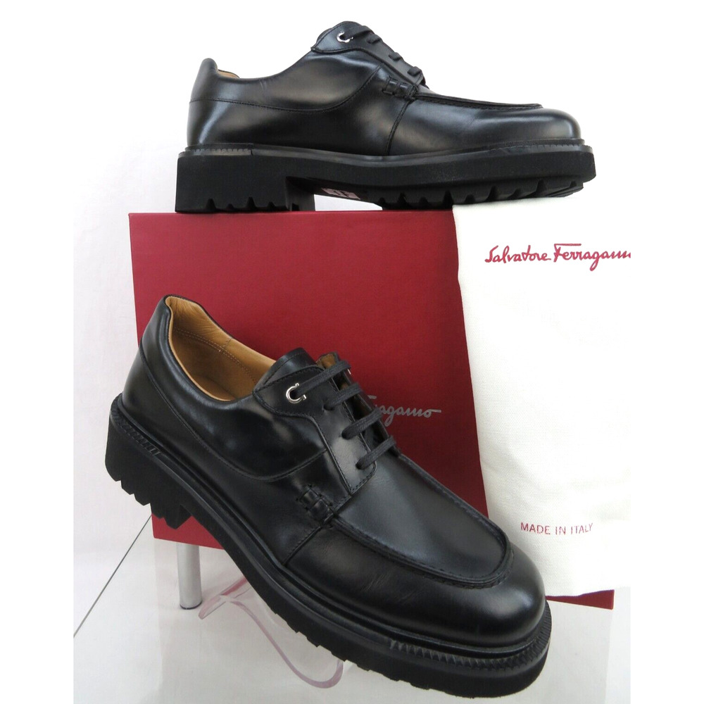 NIB FERRAGAMO GORIN BLACK LEATHER GANCINI LOGO PLATFORM DERBY OXFORDS 8 M